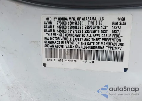 2008 Honda Odyssey Ex from USA, damaged, VIN 5FNRL38448B035046